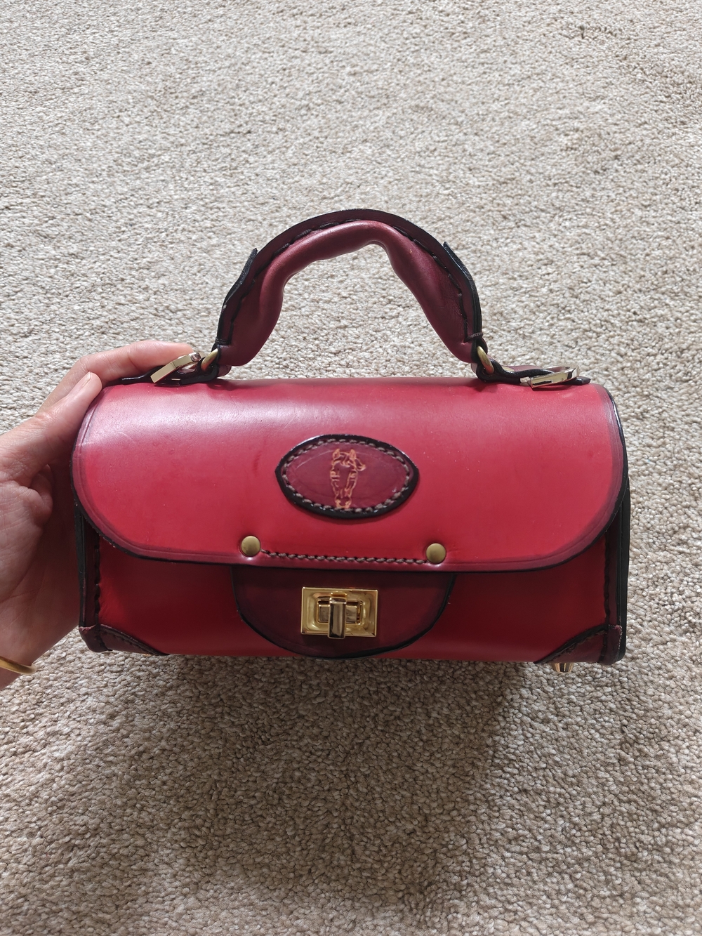 Structured Red Leather Top-Handle Crossbody Bag with Turn-Lock Closure